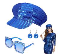 EYWILYWI 3Pcs 70s Disco Costume Set Sequin Glitter Hat, Bling Sunglasses & Earrings,Retro Abba Accessories for Women,Perfect for Theme Parties, Birthday Dances & Disco Fancy Dress (blue)