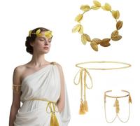 EYWILYWI 3Pcs Greek Goddess Costume Essentials,Golden Laurel Headpiece, Tassel Waist Chain & Arm Ring Set,for Adult Unisex Women Vintage Party (gold)