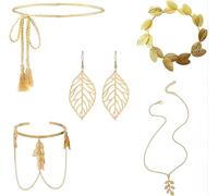 EYWILYWI 5Pcs Greek Goddess Costume Accessories Set - Gold Laurel Leaf Headpiece, Tassel Waist Chain, Earrings, Necklace & Arm Ring for Women, Fancy Dress, Wedding, Halloween & Cosplay (Gold)