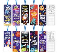 EYxsaxenk Space Theme Bookmarks - 60Pcs Astronaut Alien Rocket Reading Log Tracker Bookmark DIY Coloring Book Marker Paper Craft for Book Club Reward School Class Art Project Party Game Birthday Gift