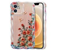 Eyzutak Case for iPhone 12, Retro Rose Flower Mobile Phone Case with Laser Beam, Shiny Curly Wave Shape, TPU Case, Stylish, Durable, Shockproof Protective Case for Girls/Women, Beige