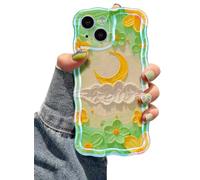 EYZUTAK Case for iPhone 14, Colorful Retro Oil Painting Flower Moon Pattern Laser Cute Curly Wave Edge Exquisite Phone Cover Stylish Durable TPU Protective Case for Girls Women - Moon/Green