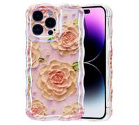EYZUTAK Case for iPhone 15 Pro Max, Colorful Retro Oil Painting Flower Laser Glossy Pattern Cute Curly Waves Edge Exquisite Phone Cover Stylish Durable TPU Protective Case for Girls Women - Pink Peony
