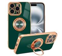 EYZUTAK Electroplated Magnetic Ring Holder Case for iPhone 16 Pro, 360 Degree Rotation Metal Anti-fall Finger Ring Kickstand Magnet Car Holder Slim Soft Silicone Shockproof Cover - Dark Green