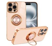 EYZUTAK Electroplated Magnetic Ring Holder Case for iPhone 16 Pro, 360 Degree Rotation Metal Anti-fall Finger Ring Kickstand Magnet Car Holder Slim Soft Silicone Shockproof Cover - Light Pink