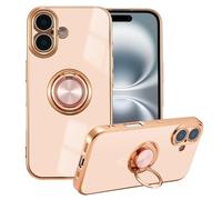 EYZUTAK Electroplated Magnetic Ring Holder Case for iPhone 17, 360 Degree Rotation Metal Anti-fall Finger Ring Kickstand Magnet Car Holder Slim Soft Silicone Shockproof Cover - Light Pink