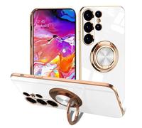 EYZUTAK Electroplated Magnetic Ring Holder Case for Samsung Galaxy S24 Ultra, 360 Degree Rotation Metal Anti-fall Finger Ring Holder Magnet Car Holder Slim Soft Silicone Shockproof Cover - White