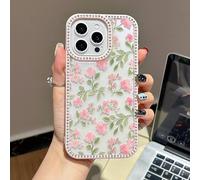 EYZUTAK Flower Case for iPhone 16e, Bling Glitter Rhinestone Phone Case with Luxury Sparkly Diamonds Edge Shiny Glossy Floral Anti-Scratch Clear TPU Shockproof Bumper Cover for Women Girls-Light Pink