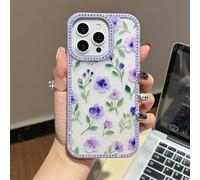 EYZUTAK Flower Case for iPhone 16e, Bling Glitter Rhinestone Phone Case with Luxury Sparkly Diamonds Edge Shiny Glossy Floral Anti-Scratch Clear TPU Shockproof Bumper Cover for Women Girls-Purple