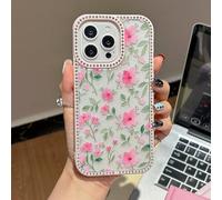 EYZUTAK Flower Case for iPhone 16e, Bling Glitter Rhinestone Phone Case with Luxury Sparkly Diamonds Edge Shiny Glossy Floral Anti-Scratch Clear TPU Shockproof Bumper Cover for Women Girls-Pink
