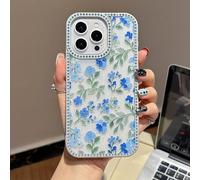 EYZUTAK Flower Case for iPhone 16e, Bling Glitter Rhinestone Phone Case with Luxury Sparkly Diamonds Edge Shiny Glossy Floral Anti-Scratch Clear TPU Shockproof Bumper Cover for Women Girls-Blue