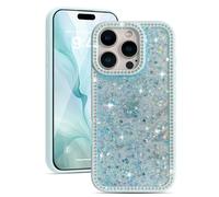 EYZUTAK for iPhone 15 Pro Max Case, Luxury Bling Shiny Glitter Sequin Phone Case with Sparkly Crystal Diamonds Rhinestone Border Aesthetic Cute Slim Soft Durable TPU Protective Cover for Women-Blue