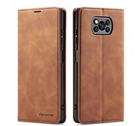 EYZUTAK Premium PU Leather Flip Folio Case for Xiaomi Poco X3 NFC / X3 Pro / X3, Protective Case with Kickstand Card Slot Holder Hidden Magnetic Closure Shockproof Durable Wallet Cover - Brown