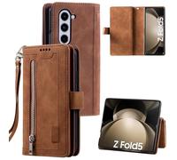 EYZUTAK Wallet Phone Case for Samsung Galaxy Z Fold 5, Retro Matte 9 Card Holder Slots Zipper Pocket Case PU Leather Magnetic Closure Kickstand with Wrist Strap Folio Flip Case - Brown