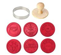 EZ KITCHEN 6 PCS Silicone Holiday Christmas Cookie Stamp Set with Round Cookie Cutter and Wooden Press Handle, Santa Claus, Christmas Tree, MADE WITH LOVE, Gingerbread Man, Merry Christmas, HOME MADE