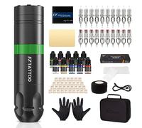 EZ Tattoo Kit - Complete Rotary Tattoo Machine, 1500mAh Battery, 20 Needles & 10 Color Inks for Beginners & Artists (Caster S Green)