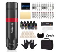 EZ Tattoo Kit - Rotary Tattoo Machine, 1500mAh Battery, 20 Needles & 10 Color Inks for Beginners & Artists (Caster S Red)