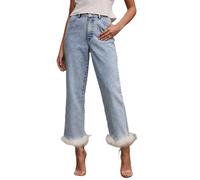 EZAPINE Cropped Jeans for Women Feather Trim Straight Leg High Waist Button Fly Denim Pants, Blue, M
