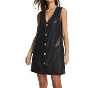 EZAPINE Women Faux Leather Mini Dress Sleeveless V Neck Button Down Pinafore Dress, Black, L