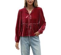EZAPINE Women Velvet Blouse Tops Bow Tie Front Flowy Long Puff Sleeve V Neck Ruffle Peplum Babydoll Shirt, Red, M
