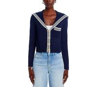EZAPINE Women's V Neck Cardigan Sweaters Cropped Sailor Collar Button Up Knit Long Sleeve Open Front Coat, Blue, Large