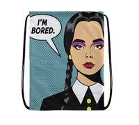 EZB Pop Art Blue Wednesday Addams Drawstring Bag | 36x30cm Midi Sized Backpack | Multi-Use: Sports Kits, Pump, PE Kits, Gym, Lunch, Holiday, Beach | Wednesday I’m Bored Bag