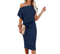 EZBELLE Summer Womens Bodycon Dress Short Sleeve Wedding Guest Dresses One Off Shoulder Semi Formal Fall Ribbed Cocktail Party Casual Navy Blue Medium