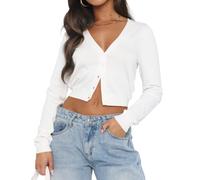 Ezbelle Women's Long Sleeve Open Front Cropped Lightweight Cardigan Sweater Button Down Shirt 2026 Fall Tops, White, S