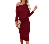 Ezbelle Women's Off The Shoulder 3/4 Sleeve Batwing HIPS-Wrap Pencil Party Sexy Bodycon Midi Dress Loose, Burgundy, M