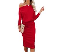 Ezbelle Women's Off The Shoulder 3/4 Sleeve Batwing HIPS-Wrap Pencil Party Sexy Bodycon Midi Dress Loose, Red, S