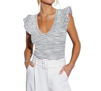 Ezbelle Women's V Neck Tank Summer Tops Striped Tshirts Ruffle Short Sleeve Slim Fitted Ribbed Knit Sexy Blouse 2026