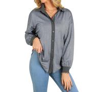 Ezcosplay Button Down Sparkle Tops for Women Long Sleeve V Neck Rhinestone Sparkly Glitter Shirt Loose Shiny Blouse, Gray, XXL