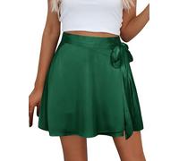 Ezcosplay Women Satin Wrap Around Mini Skirt High Waisted Adjustable Self Tie Silk A Line Short Skirts, Dark Green, M