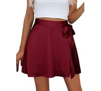 Ezcosplay Women Satin Wrap Around Mini Skirt High Waisted Adjustable Self Tie Silk A Line Short Skirts, Wine Red, XL