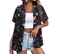 Ezcosplay Womens Space Button Down Shirts Funny Astronaut Universe Planet Solar System Galaxy Graphic Tees Tshirt Blouse, Black, L