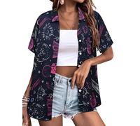 Ezcosplay Womens Space Button Down Shirts Funny Astronaut Universe Planet Solar System Galaxy Graphic Tees Tshirt Blouse, Starry Purple, L