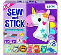 EZCRA 8-in-1 Easy to Do Animal Sewing Projects for Kids - Kids Craft Kits - No Mess Sewing Kit for Age 4,5,6,7,8 - Includes Stickers, Tools with Full Instruction