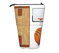 EZDLOWVBA Basketball Court Backboard Print Stationery Bag for Boys & Girls, Stand Pencil Holder, Zip Pencil Case, Telescopic Case, Students & Office Middle School