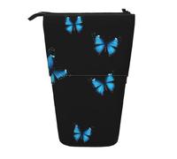 EZDLOWVBA Beautiful Blue Butterfly Print Stationery Bag for Boys & Girls, Stand Pencil Holder, Zip Pencil Case, Telescopic Case, Students & Office Middle School