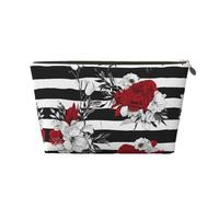 EZDLOWVBA Black White Stripes Red Rose Flowers Print Makeup Bag Cosmetic Bag for Purse Travel Make Up Organizer for Handbag,Waterproof Beauty Pouch for Women and Girls