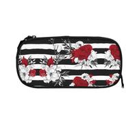 EZDLOWVBA Black White Stripes Red Rose Flowers Print Pencil Cases Boys Girls Lovely Pencilcase with Zip Organizer for Students Pencil Case for Daughter Son Desk Pencil Pouch