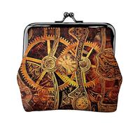 EZDLOWVBA Cool Steampunk Gears Print Double Clasp Metal Frame Leather Kiss Lock Change Pouch Wallet for Women with Keys, Small Purses