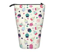 EZDLOWVBA Cupcake Candy Hearts Sweet Print Stationery Bag for Boys & Girls, Stand Pencil Holder, Zip Pencil Case, Telescopic Case, Students & Office Middle School