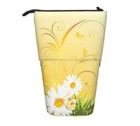 EZDLOWVBA Curving Chamomile Flowers Flying Butterflies Print Stationery Bag for Boys & Girls, Stand Pencil Holder, Zip Pencil Case, Telescopic Case, Students & Office Middle School