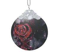 EZDLOWVBA Dew Rose Print Glass Round Pendant Christmas Tree Decor With Metal Buckle Hanging Xmas Accessory