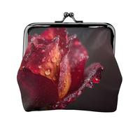 EZDLOWVBA Dewdrops On Red Rose Print Double Clasp Metal Frame Leather Kiss Lock Change Pouch Wallet for Women with Keys, Small Purses
