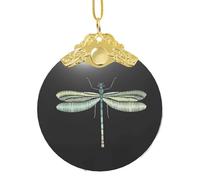 EZDLOWVBA Dragonfly Black Print Glass Round Pendant Christmas Tree Decor With Metal Buckle Hanging Xmas Accessory