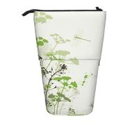 EZDLOWVBA Foliage and Herbs with Dragonflies Winged Print Stationery Bag for Boys & Girls, Stand Pencil Holder, Zip Pencil Case, Telescopic Case, Students & Office Middle School