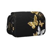 EZDLOWVBA Gold White Butterflies Black Print Pencil Case Large Capacity Pen Pouch Pencil Bag with 2 Compartments Pen Holder Organizer Stationery Bag