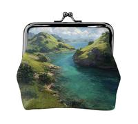 EZDLOWVBA Green Hills and Clear Waters Print Double Clasp Metal Frame Leather Kiss Lock Change Pouch Wallet for Women with Keys, Small Purses